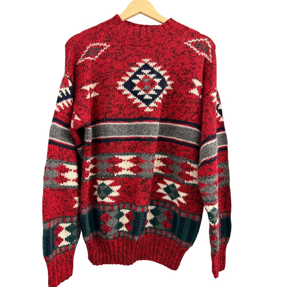 Studio Michelle Stuart Hand Knit Wool Blend Southwestern Sweater‎ Red Mens Large